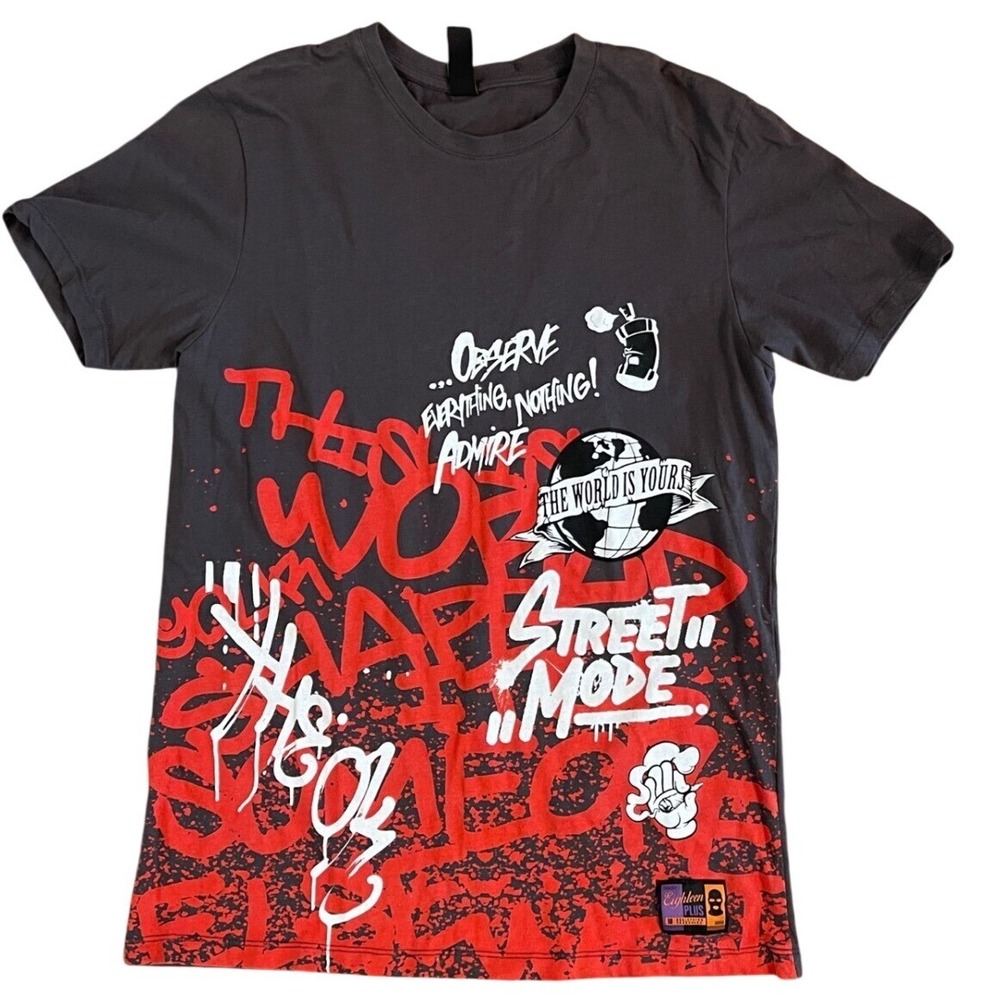 Eighteen Plus Street Mode Graphic T-Shirt Observe Admire Gray Red Size‎ M